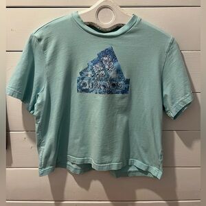 Adidas Crop T-Shirt – Blue Graphic Logo, Mint Green, Size M